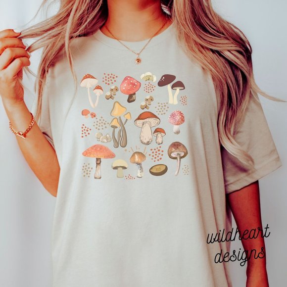 Tops - Aesthetic Mushroom Graphic T-shirt, Mushroom Shirt- Cream